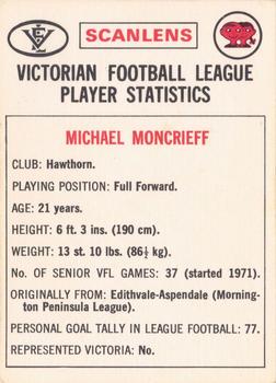 1974 Scanlens VFL #2 Michael Moncrieff Back